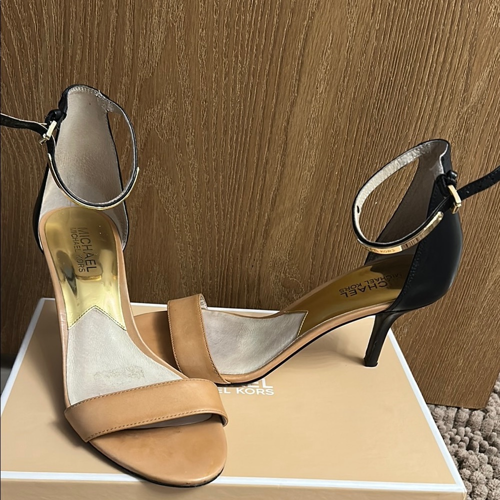 Michael Kors Black and Tan Stiletto Heels with Ankle Straps
